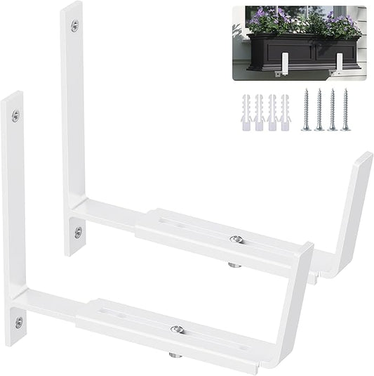 Y&M 2 Pack Adjustable Planter Brackets (6 to 12.5 in), Universal Window Box Mounting Hooks, Heavy Duty Iron Flower Box Wall Mounts for Balcony, Fences, Patio, and Garden - White