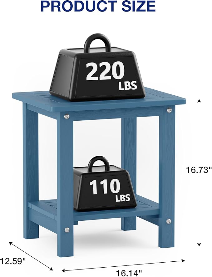 YEFU Outdoor Side Table for Patio: 16" HIPS Weather - Resistant Adirondack Tables - Waterproof Small Square End Tables for Backyard Pool Porch Balcony - Indoor Outdoor Double Layer Table Navy Blue