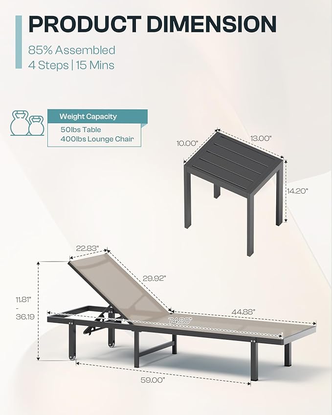 Lounge Chair Outdoor with Wheels, Aluminum Patio Chaise Lounge Chair with 5 Adjustable Backrest - Easy to Move- Pool Lounge Chairs for Deck, Beach, Poolside （Khaki