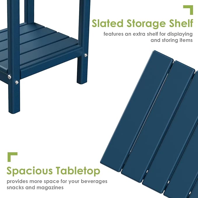 GREENVINES Adirondack-Outdoor-Side-Table | 14 x 13 Inches | HDPE Plastic | All Weather | Blue | Outside End Tables | Storage Shelf | for Patio Porch Backyard Indoor