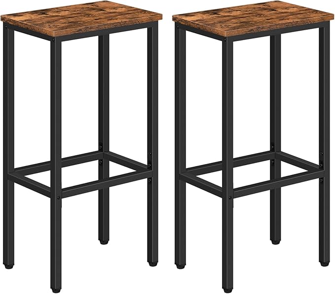 Set of 2 Bar Stools, 29.5" Tall Counter Bar Stools, Kitchen Breakfast Bar Chairs with Footrest, Rectangular Industrial Bar Chairs, for Dining Room, Rustic Brown and Black BAHR01701
