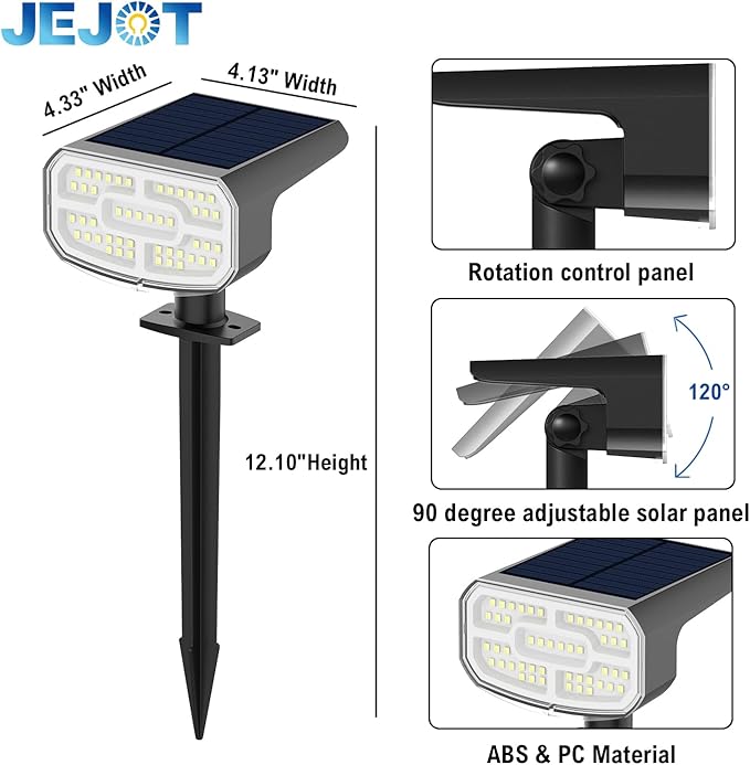 Solar Lights Outdoor Waterproof IP65, Super Bright LED, 6500K 2 Lighting Modes, Solar Powered Yard Garden Solar Spot Lights for Outside Landscape Auto On/Off -2 Pack
