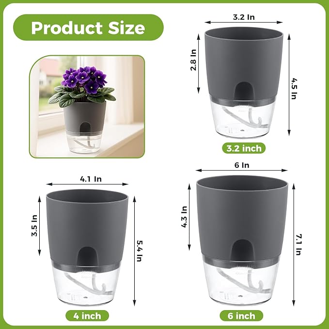 Planterhoma 6 Pack Self Watering Pots for Indoor Plants, 3.2/4/6 Inch Plant Pot Plastic Self Watering Planter for Orchid, African Violet, Small Clear Flower Pots with Drainage Holes and Wicking, Grey