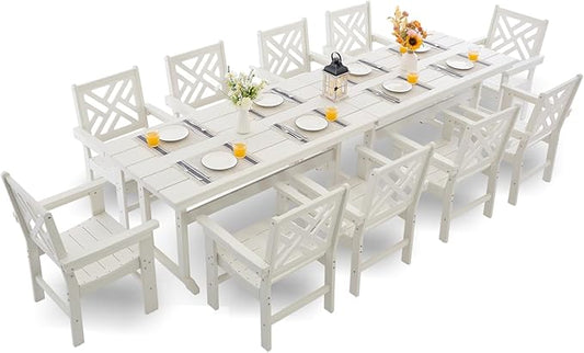 HDPE Dining Table Set for 10,12-Piece Outdoor Table and Chairs Include 10 Dining Chairs and 2 Pcs 62.5" Patio Dining Table with Umbrella Hole (White)