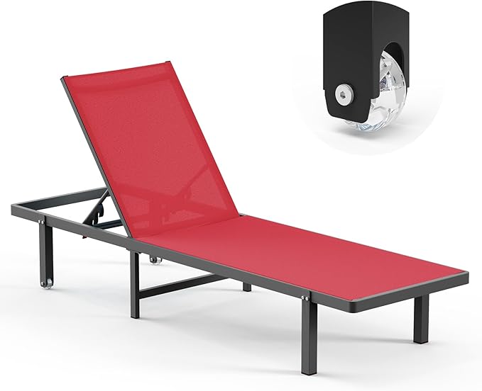 Lounge Chair Outdoor with Wheels, Aluminum Patio Chaise Lounge Chair with 5 Adjustable Backrest - Easy to Move- Pool Lounge Chairs for Deck, Beach, Poolside (Red)