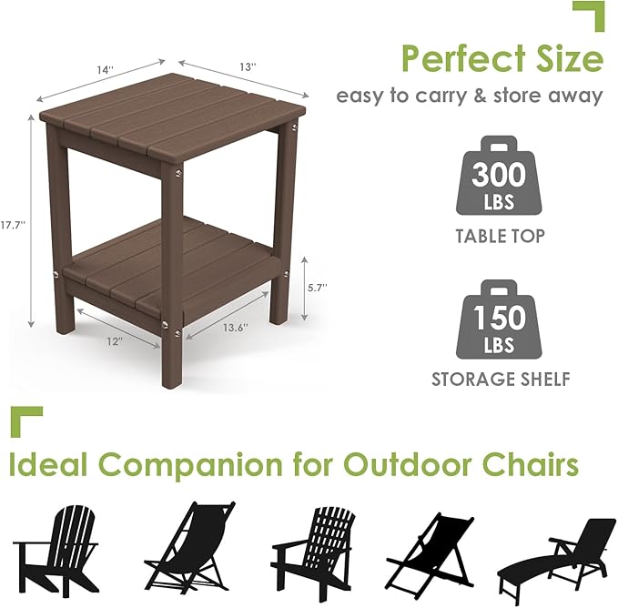 GREENVINES Adirondack-Outdoor-Side-Table | Wood Grain | 14 x 13 Inches | HDPE Plastic | All Weather | Dark Brown | Outside End Tables | Storage Shelf | for Patio Porch