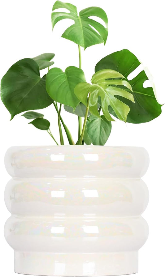 10 inch Ceramic Plant Pots for Indoor Plants, Rainbow Pearl Glaze Planter with Planters for Plants with Drainage Hole, Orchid Pots, Succulent Pot, Large Flower Pot (White)