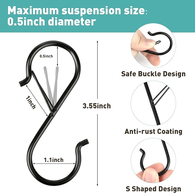 Navona 40 Pcs S Hooks for Hanging Heavy Duty, 3.5-inch Heavy Duty Metal S Hook with Safety Buckle, Suitable for 0.5 inch Rods, S Hook for Hanging Plants, Closet, Kitchen Utensil, Pot, Pan, Bags