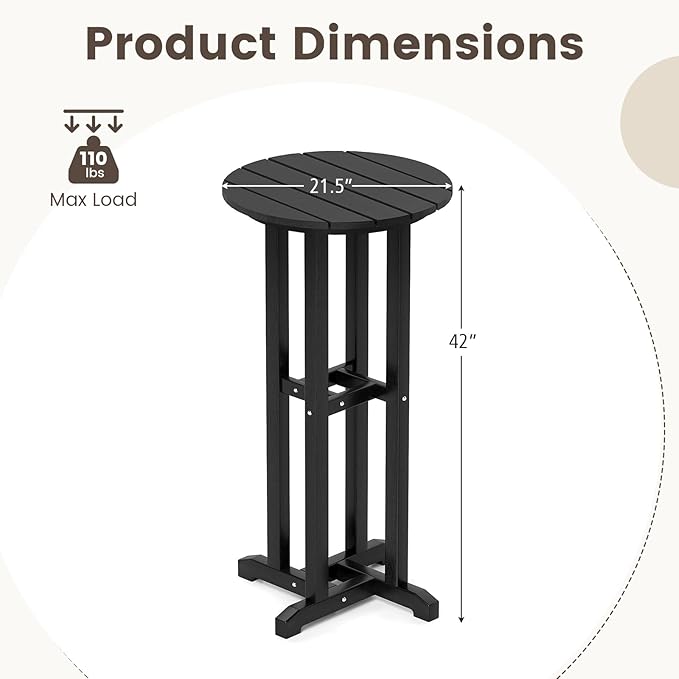 Tangkula 21.5" Round Bar Table, Patio HDPE Bar Height Dining Table w/Slatted Tabletop, Outdoor All-Weather High-Top Bistro Table for Poolside, Backyard, Balcony (Black)