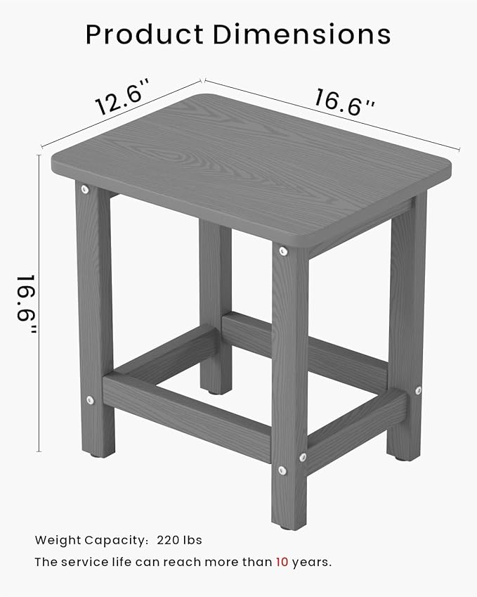 Weatherproof Outdoor Side Table, HDPE Small Outdoor Table for Adirondack, 16.6-Inch Patio Square End Tables for Garden, Backyard, Porch, Deck, Balcony, Poolside (Grey)