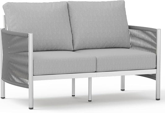 Aluminum Outdoor Patio Couch Loveseat, HDPE Rope Patio Sofa with Washable Thick Cushion, All-Weather Patio Furniture for Balcony, Yard, Silver Frame, Silver