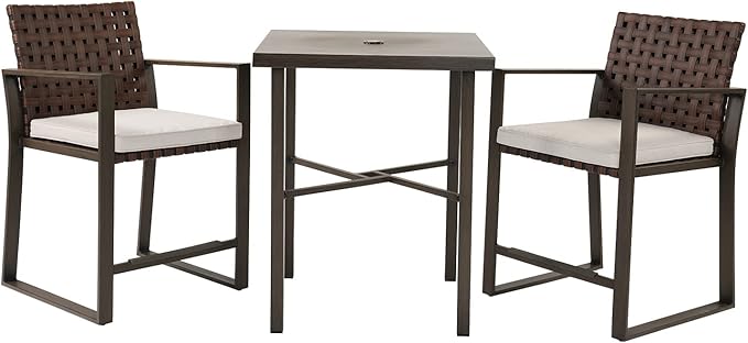 Grand patio 3-Piece Outdoor Counter Height Bar Set with Wood Grain Texture Leather-Look Wicker Bar Set with Market Umbrella Hole Furniture for Patio, Balcony, Garden - Brown