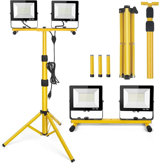 14000Lumen LED Work Lights with Stand - 2 Head Portable Work Light on Stand - IP66 Waterproof Tripod Worklights for Outdoor Indoor Job Site Workshop Garage Construction Site Lighting