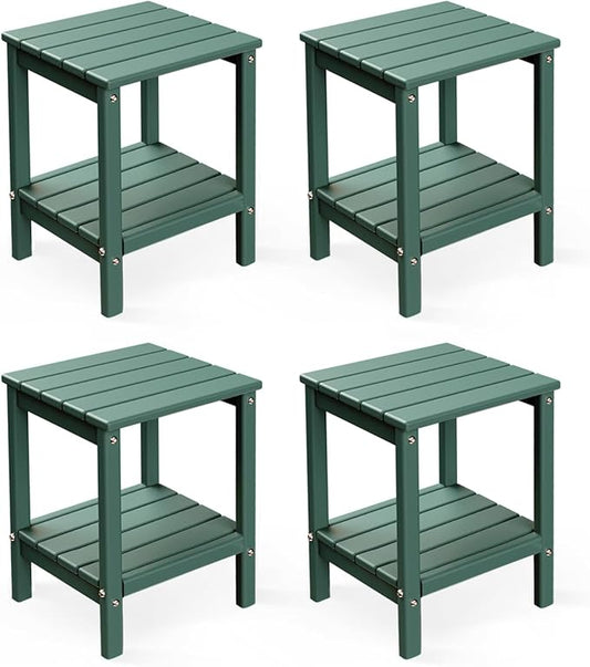 GREENVINES Adirondack-Outdoor-Side-Table | Set of 4 | 14 x 13 Inches | HDPE Plastic | All Weather | Forest Green | Outside End Tables | Storage Shelf | for Patio Porch Backyard Indoor