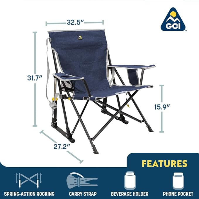 GCI Outdoor Kickback Rocker Camping Chair | Portable Folding Rocking Chair with Durable Armrests, Drink Holder & Relaxed Lowered Seat for Comfort — Red