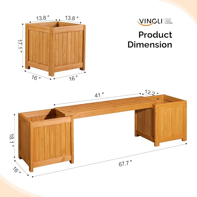 VINGLI Outdoor Wood Bench with Planter Boxes, 2-in-1 All-Weather Porch Bench Seat ＆ Open-Ended Wooden Raised Garden Bed, for Balcony Yard Patio (2 Boxes + Rectangle)
