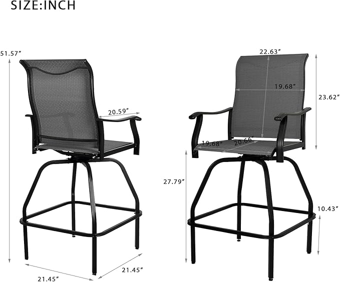 LEVELEVE Patio Bar Set 4pcs Swivel Bar Stools Outdoor Bistro Textilene Furniture Stability All-Weather Set (Grey Fabric)