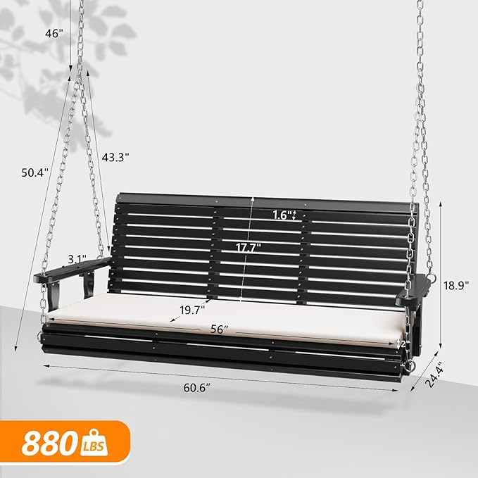 VINGLI Wooden Porch Swing, Heavy Duty 880 LBS Hanging Patio Bench with Extra Cushion for Lawn| Garden| Courtyard (Black, 5 feet)