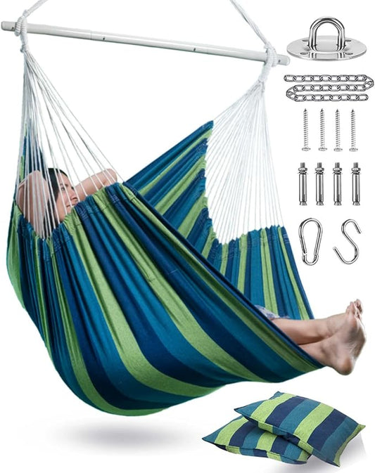XXL Hammock Chair Hanging Rope Swing with 2 Cushions - Max 500lbs-Perfect for Patio, Porch, Bedroom, Backyard, Indoor or Outdoor - Includes Hanging Hardware Kits