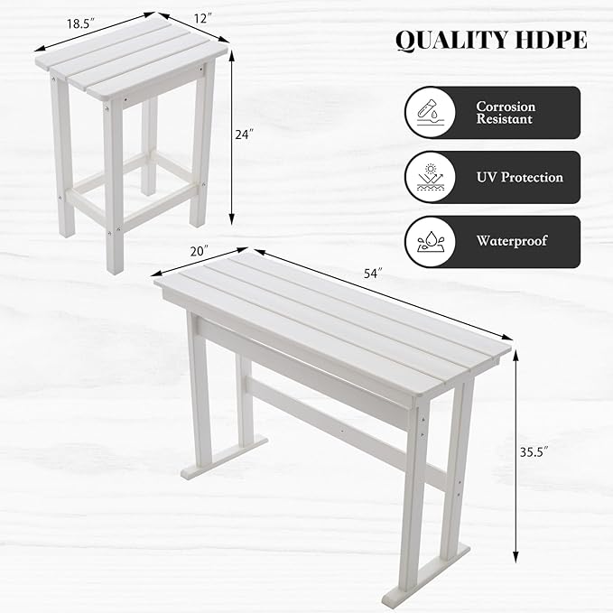 3 Pcs HDPE Outdoor Bar Set of 2 Includes Bar Height Table and Chairs, Patio Bar Stools Set for Bistro, Poolside, Backyard, White