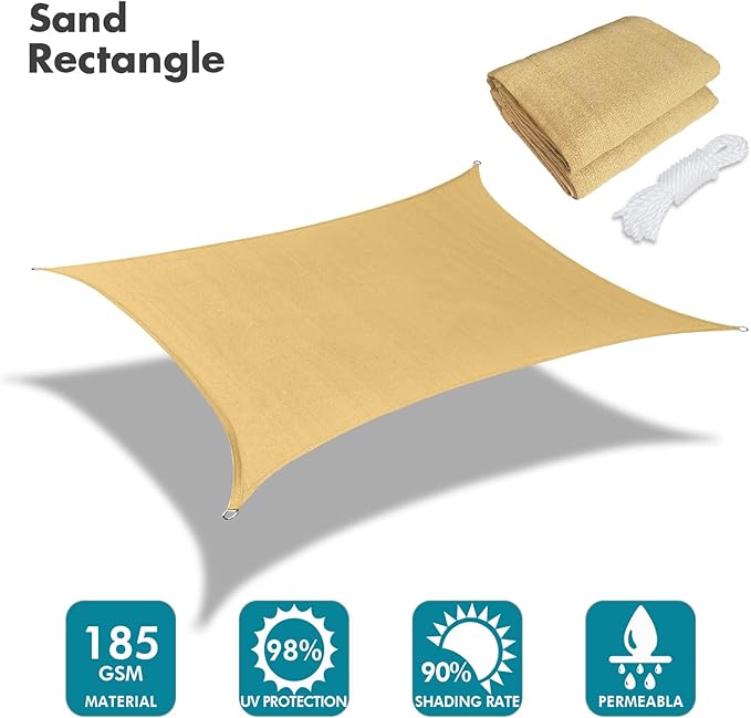 KANAGAWA 6'X8' Sand Custom Size Sun Shade Sail Rectangle UV Block Canopy Cover for Patio Backyard Lawn Garden Outdoor (Customized Available)