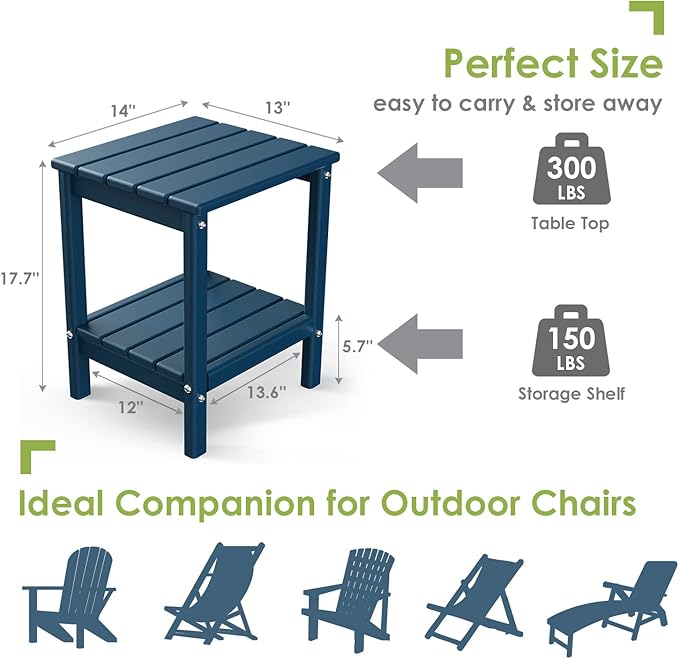 GREENVINES Adirondack-Outdoor-Side-Table | 14 x 13 Inches | HDPE Plastic | All Weather | Blue | Outside End Tables | Storage Shelf | for Patio Porch Backyard Indoor