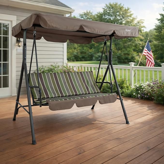 Kozyard Alicia 3-Seat Patio Swing, Outdoor Canopy Swing with Steel Frame, Adjustable Canopy and Removable Cushions for Porch Patio Garden Poolside, Lime Stripe