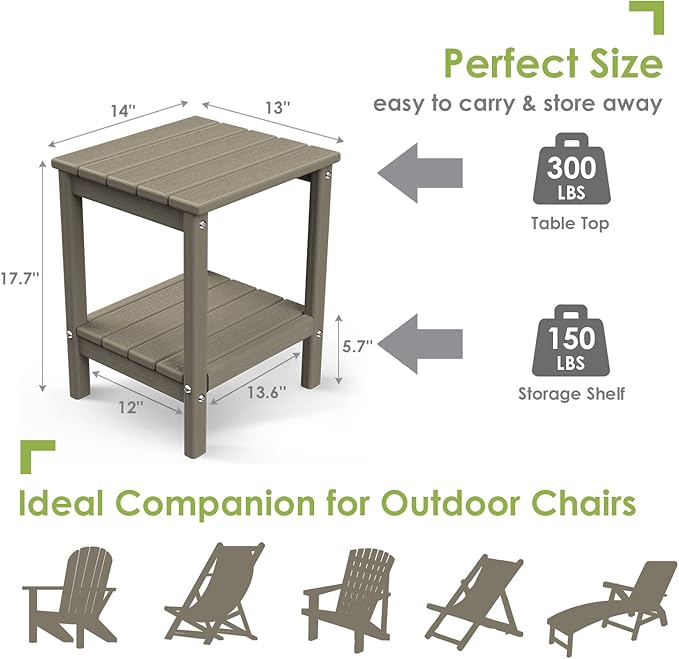 GREENVINES Adirondack-Outdoor-Side-Table | Set of 2 | Wood Grain | 14 x 13 Inches | HDPE Plastic | All Weather | Desert Brown | Outside End Tables | Storage Shelf | for Patio