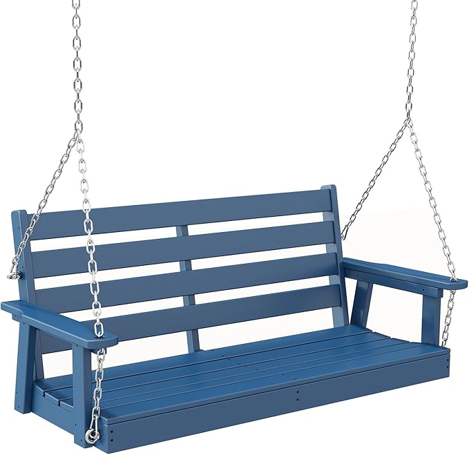 IVY&LANE Outdoor Porch Swing | HDPE Plastic | 2-Person | Hanging Bench Swings | Weatherproof | 4 Stainless Steel Chains | Blue | for Outside Patio Garden Backyard Tree
