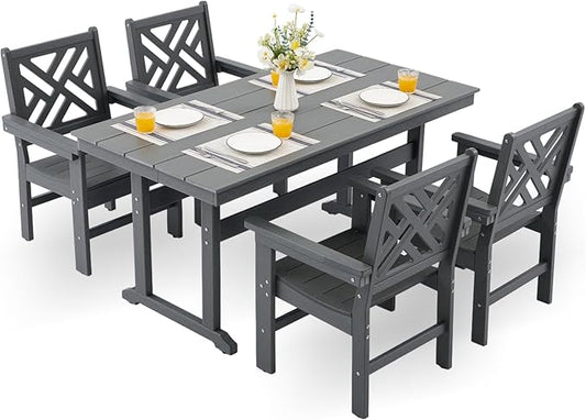 HDPE Dining Table Set for 4,5-Piece Outdoor Table and Chairs Include 4 Dining Chairs and 62.5" Patio Dining Table with Umbrella Hole (Gray)