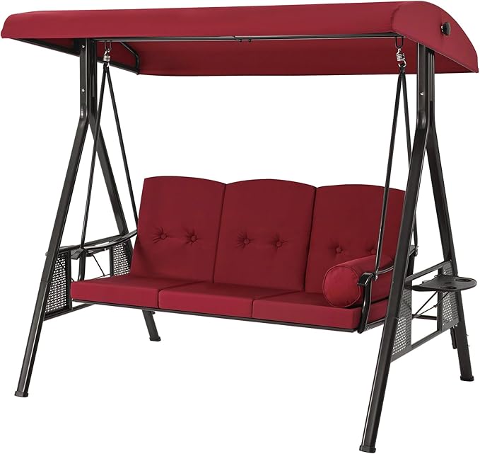 AECOJOY Outdoor Porch Swing, 3-Seat Porch Swing with Adjustable Canopy, Outdoor Swings for Adult with Burgundy Removable Cushions for Backyard, Garden, Yard, Poolside, Balcony