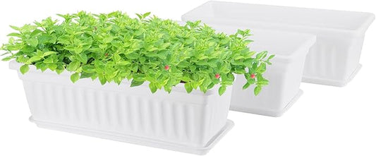 GREANER Rectangle Plastic Flower Boxes, 3 Pack Large Long Planter 16.9x7.48 Inch Morden Thicken Vegetable Plant Pot with Tray for Garden, Kitchen, Window, Office, Balcony, Outdoor Indoor Use - White