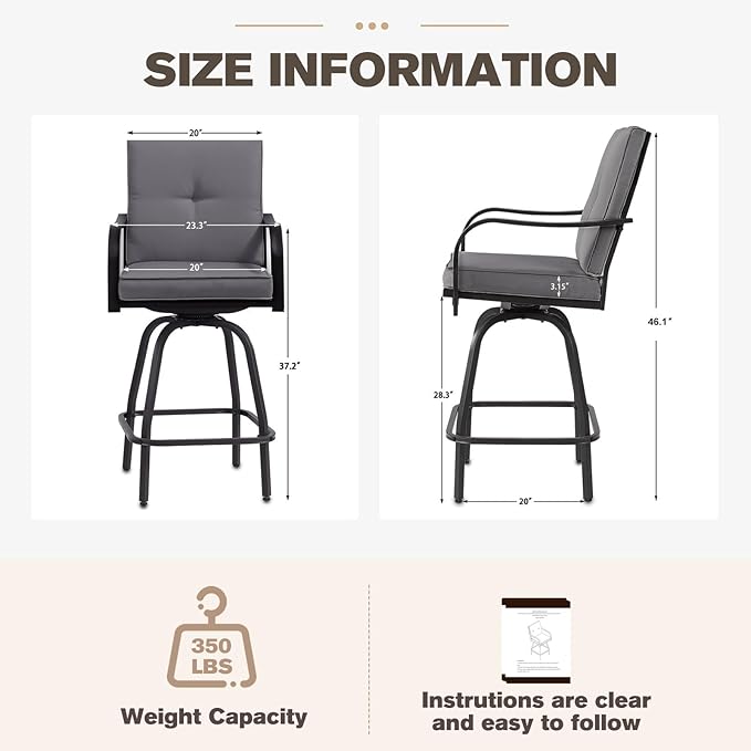Outdoor Swivel Bar Stools Set of 2,Bar Height Patio Chairs with Cushions and High Backrest, All Weather Patio Bar Stools Furniture for Bistro Lawn, Pool, Garden and Backyard,Gray
