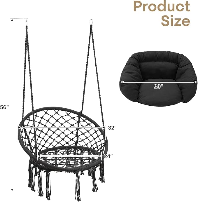 Athena Collection Hammock Chair Hanging Swing Chair with Large Thick Cushions, Outdoor Hanging Chair with Macrame Cotton Rope for Indoor, Outdoor, Bedroom, Balcony, Holds 350 Lbs, Black