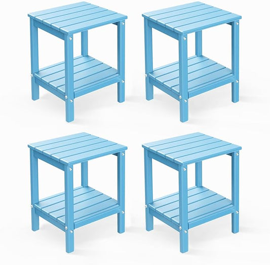 GREENVINES Adirondack-Outdoor-Side-Table | Set of 4 | 14 x 13 Inches | HDPE Plastic | All Weather | Arctic | Outside End Tables | Storage Shelf | for Patio Porch Backyard Indoor