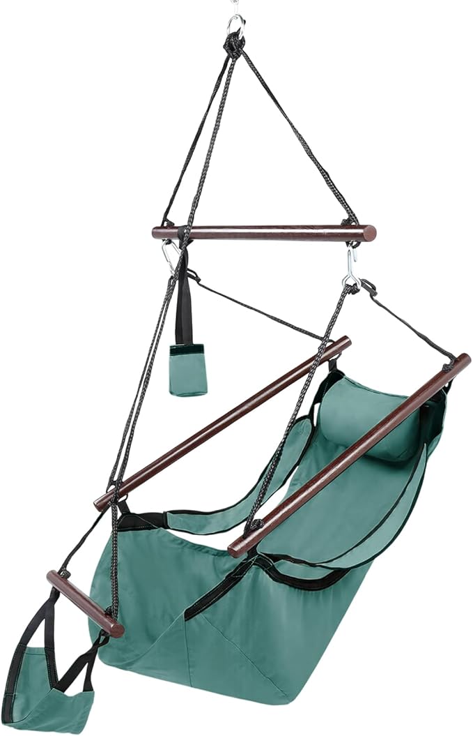 ONCLOUD Upgraded Unique Hammock Sky Chair, Air Deluxe Hanging Swing Seat with Rope Through The Bars Safer Relax with Drink Holder & Fuller Pillow Beech Wood Indoor Outdoor Patio Yard 250LBS (Green)