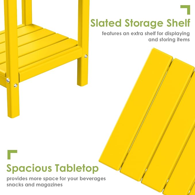 GREENVINES Adirondack-Outdoor-Side-Table | 14 x 13 Inches | HDPE Plastic | All Weather | Yellow | Outside End Tables | Storage Shelf | for Patio Porch Backyard Indoor