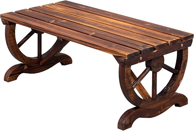Outvita Wooden Garden Bench, Outdoor Rustic Wagon Wheel Bench with Carbonized Finish & Fir Construction for Garden Porch Backyard Patio Park, Seats 2 Person Brown