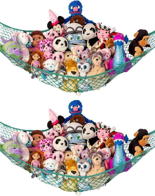 Lilly's Love Large Stuffed Animal Hammock | Corner Hanging Organizer, Toy Storage, Stuffed Animal Storage Net | Made from Quality Fishing Net, Holds 12lbs | 79"x63"x63" (Green, 2 Pack)