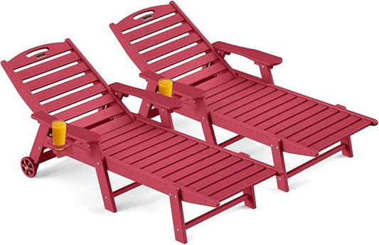 Outdoor Chaise Lounge Chair Set of 2, Patio Lounge Chairs for Outside, HDPE Lounge Chair with Wheels & Cup Holder, Poly Chair with 5 Position for Poolside, Deck, Red