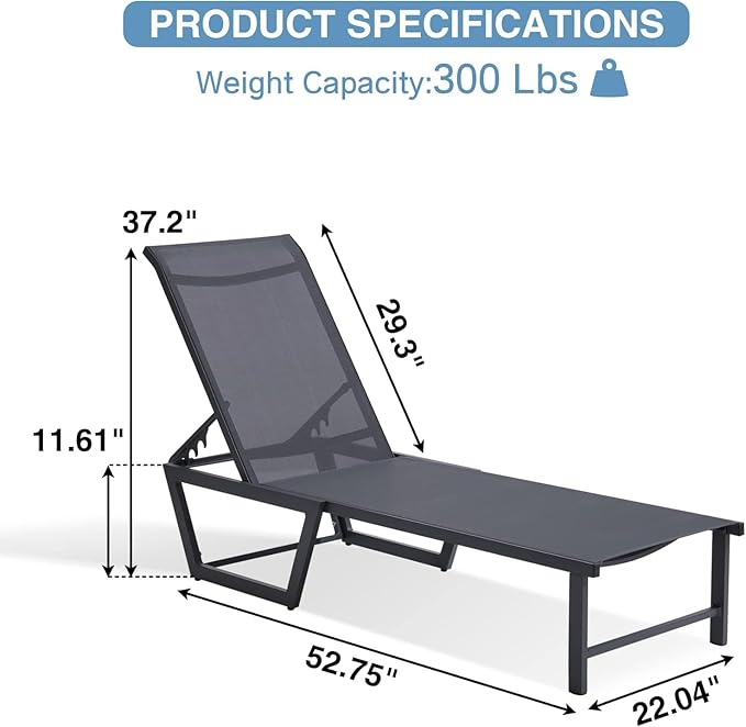 Lounge Chair Outdoor, No Assembly Required Pool Lounge Chairs,5-Position Adjustment Aluminum Patio Lounge Chair with Portable Design for Pool, Beach, Deck, Backyard Use (Black,1pcs)