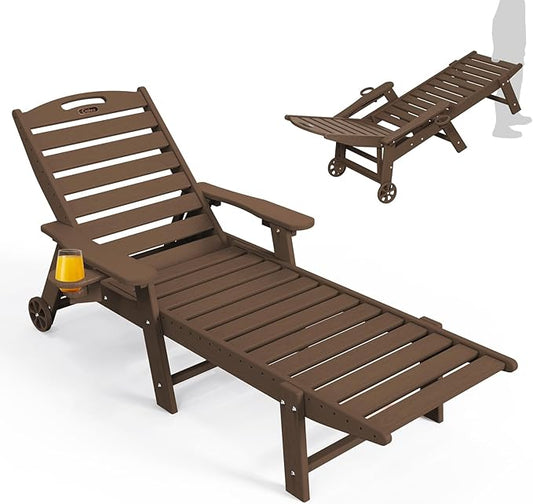 Ciokea Lounge Chair Outdoor, Oversized Chaise Lounge Chair with 5 Positions, HDPE, Patio Lounge Chair with Wheels & Cup Holder for Pool, Deck, Poolside, Dark Brown