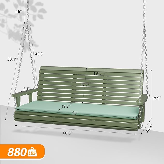 VINGLI Wooden Porch Swing, Heavy Duty 880 LBS Hanging Patio Bench with Extra Cushion for Lawn| Garden| Courtyard (Green, 5 feet)