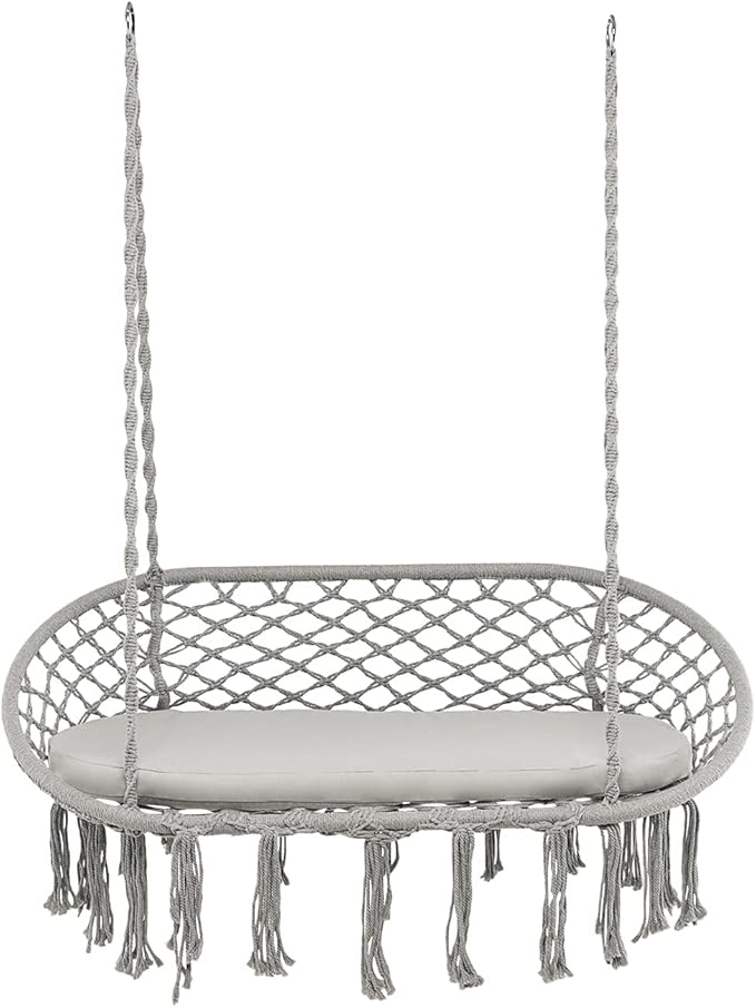 Giantex 2-Seat Hammock Chair, Macrame Swing with Cushion, Hanging Cotton Ropes, Metal Frame, Hanging Chair with 440 Lbs Capacity for Hammock Stand, Living Room, Patio, Balcony, Backyard (Gray)