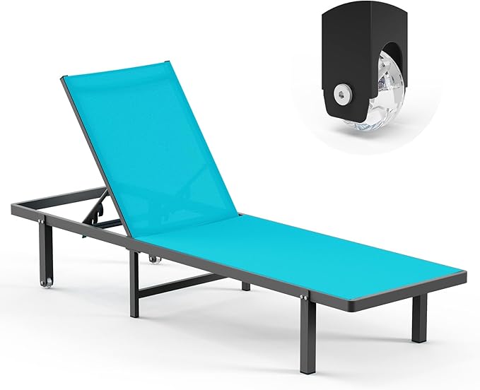Lounge Chair Outdoor with Wheels, Aluminum Patio Chaise Lounge Chair with 5 Adjustable Backrest - Easy to Move- Pool Lounge Chairs for Deck, Beach, Poolside (Lakeblue)