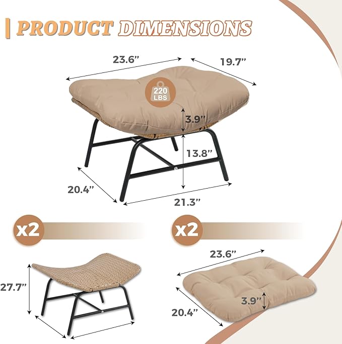 NICESOUL Indoor Outdoor Ottoman Set of 2, Large Wide Double Patio Footstool, PE Rattan Thicken Cushioned Footrest, All-Weather Wicker Furniture for Balcony, Porch, Living Room, Egg Chair, Brown