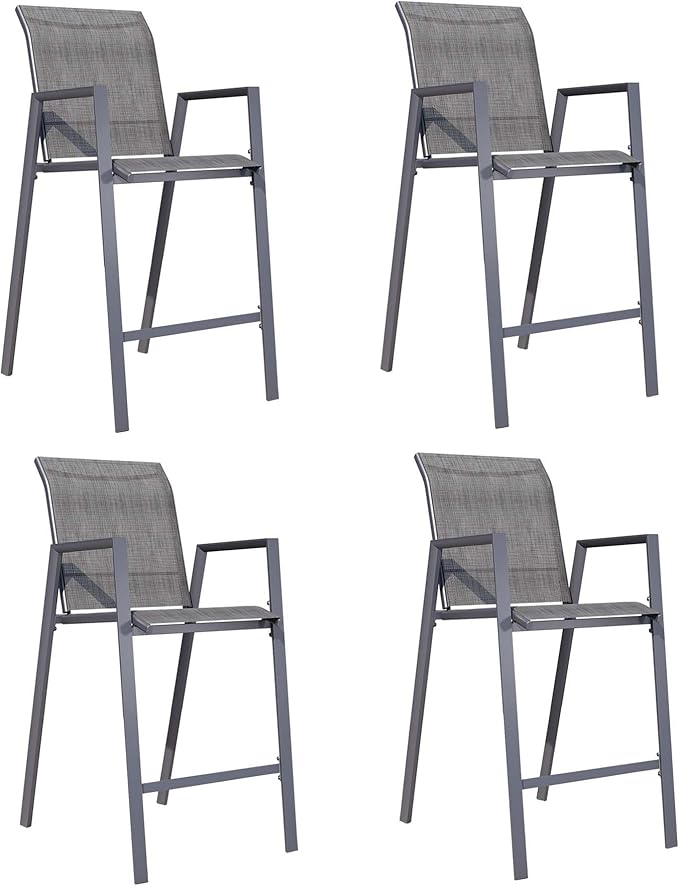 Outdoor Bar Stools Set of 4, 44'' Patio Bar Chairs with Textile High Back, Bar Height Chairs with Straight Armrest and Footrest, Grey