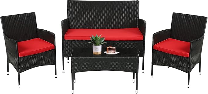FDW Rattan Furniture Wicker Chair Patio Bristo Set for Outdoor Indoor Use with Loveseats Coffee Table,Red Cushion, 4-Pieces