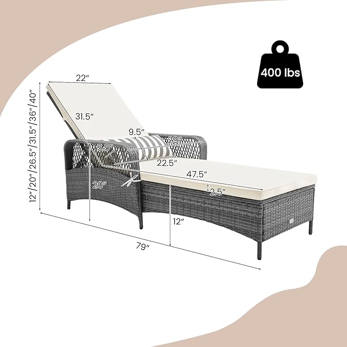 Tangkula Wicker Chaise Lounge Outdoor, Patio Rattan Reclining Chaise with 6-Gear Adjustable Backrest, Thick Padded Cushion & Removable Lumbar Pillow, Pool Lounge Chairs for Outside Balcony Backyard