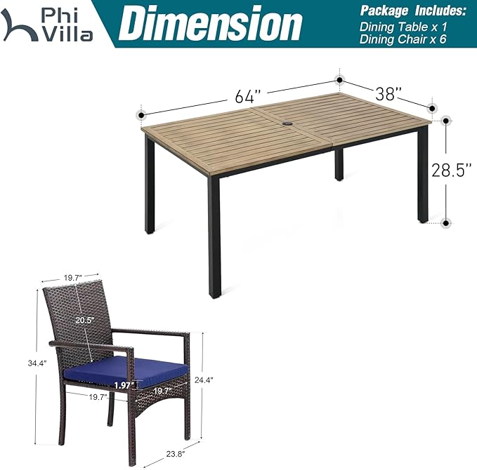 PHI VILLA 7 Pieces Outdoor Dining Set for 6, 65” Wood-Like Metal Rectangle Dining Table & Rattan Wicker Chairs with Cushions, Large Dining Furniture Set for Patio, Deck, Porch, Yard